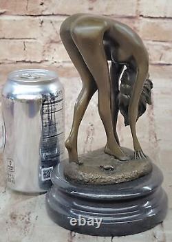 Art Deco Bronze Statue of Nude Girl on Table Sexy Cast Iron Sculpture