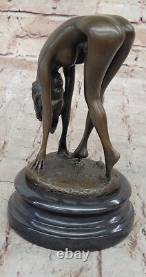 Art Deco Bronze Statue of Nude Girl on Table Sexy Cast Iron Sculpture