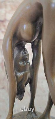 Art Deco Bronze Statue of Nude Girl on Table Sexy Cast Iron Sculpture
