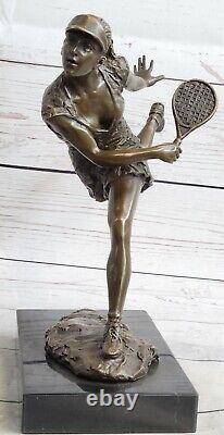 Art Deco Cast Female Tennis Player Bronze Sculpture Marble Figurine Base