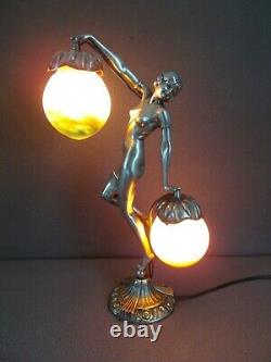 Art Deco Lamp In Silver Bronze French Glass (vase Etc.) Sculpture Woman