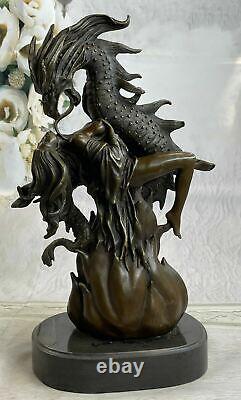 Art Deco Mythic Fantasy Nymph And Dragon Bronze Sculpture Marble Base Statue