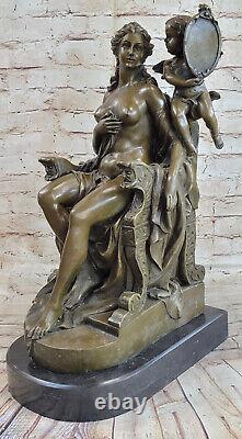 Art Deco / New Superb Woman Holing Cure Baby Putti Chair Bronze Sculpture
