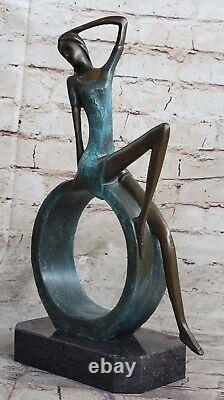 Art Deco Sculpture Abstract Woman Girl Sitting In Circle Bronze Statue
