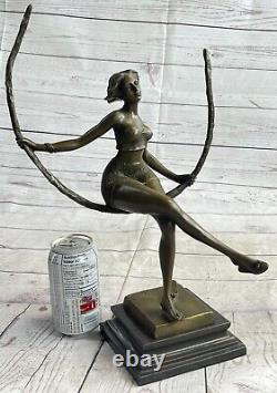 Art Deco Sculpture Beautiful Woman Girl Swing Bronze Statue Figurine Signed