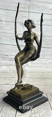 Art Deco Sculpture Beautiful Woman Girl Swing Bronze Statue Figurine Signed