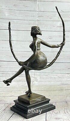 Art Deco Sculpture Beautiful Woman Girl Swing Bronze Statue Figurine Signed