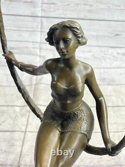 Art Deco Sculpture Beautiful Woman Girl Swing Bronze Statue Figurine Signed