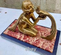Art Deco Sculpture Statue 1920s 1930s in Bronze Woman with Pheasant Marble Base