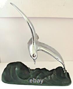 Art Deco Seagull Sculpture In Chrome Bronze By E. Fevre