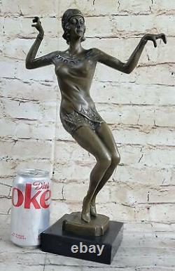 Art Deco Signed Dancer Dancer Bronze Sculpture Marble Base Statue Figurine