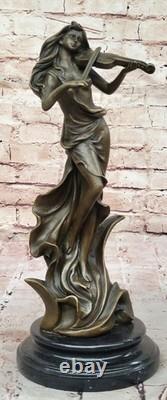 Art Deco Violin Player Bronze Sculpture Signed Female Musician Figurine