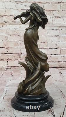 Art Deco Violin Player Bronze Sculpture Signed Female Musician Figurine