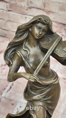 Art Deco Violin Player Bronze Sculpture Signed Female Musician Figurine