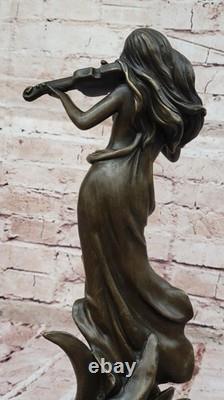 Art Deco Violin Player Bronze Sculpture Signed Female Musician Figurine