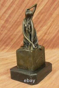 Art Nouveau Beau Assis Daughter Bronze Sculpture Marble Base Figurine Artwork