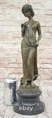 Auguste Moreau Girl Flower Bronze Sculpture Art Deco Marble Base Figurine Gift