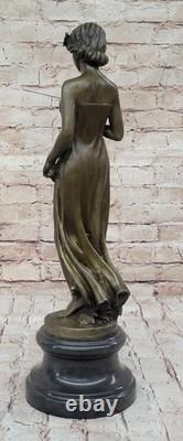 Auguste Moreau Girl Flower Bronze Sculpture Art Deco Marble Base Figurine Gift