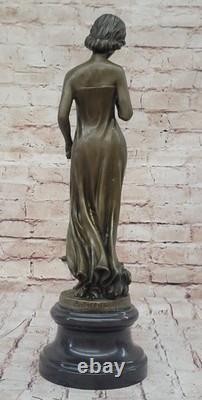 Auguste Moreau Girl Flower Bronze Sculpture Art Deco Marble Base Figurine Gift