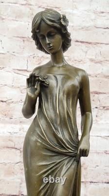 Auguste Moreau Girl Flower Bronze Sculpture Art Deco Marble Base Figurine Gift