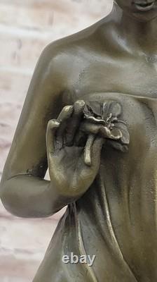 Auguste Moreau Girl Flower Bronze Sculpture Art Deco Marble Base Figurine Gift