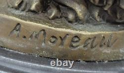 Auguste Moreau Girl Flower Bronze Sculpture Art Deco Marble Base Figurine Gift