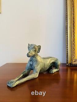 Beautiful Art Deco Bronze Sculpture of a Lying Greyhound with Green Patina