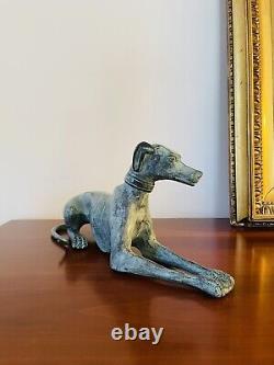 Beautiful Art Deco Bronze Sculpture of a Lying Greyhound with Green Patina