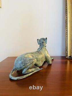 Beautiful Art Deco Bronze Sculpture of a Lying Greyhound with Green Patina