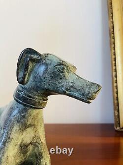 Beautiful Art Deco Bronze Sculpture of a Lying Greyhound with Green Patina