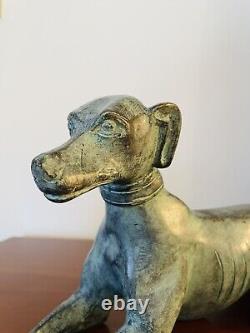 Beautiful Art Deco Bronze Sculpture of a Lying Greyhound with Green Patina