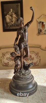 Beautiful Art Nouveau Statue of Woman and Cherub Signed by Rousseau, Sculpture