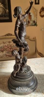 Beautiful Art Nouveau Statue of Woman and Cherub Signed by Rousseau, Sculpture