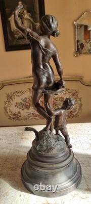 Beautiful Art Nouveau Statue of Woman and Cherub Signed by Rousseau, Sculpture