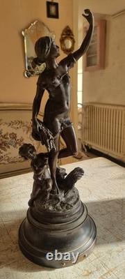 Beautiful Art Nouveau Statue of Woman and Cherub Signed by Rousseau, Sculpture