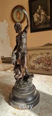 Beautiful Art Nouveau Statue of Woman and Cherub Signed by Rousseau, Sculpture