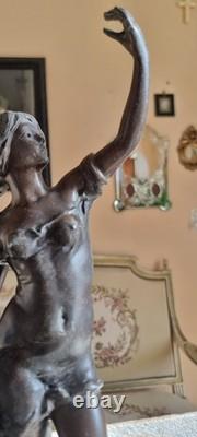 Beautiful Art Nouveau Statue of Woman and Cherub Signed by Rousseau, Sculpture