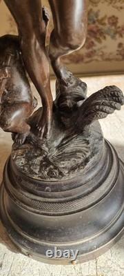 Beautiful Art Nouveau Statue of Woman and Cherub Signed by Rousseau, Sculpture