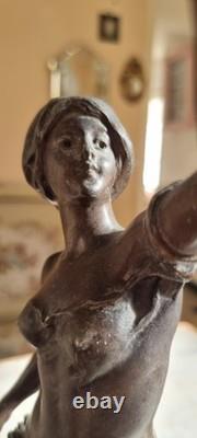 Beautiful Art Nouveau Statue of Woman and Cherub Signed by Rousseau, Sculpture