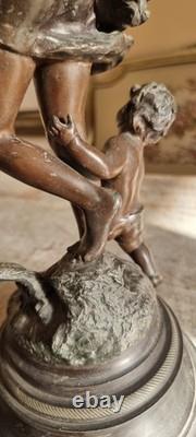 Beautiful Art Nouveau Statue of Woman and Cherub Signed by Rousseau, Sculpture