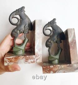 Binmoran Bookends Animal Sculpture Ibex Bronze Signed Art Deco