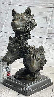 Bronze Animal Art Decor Double 3 Wolf Head Statue Sculpture Figurine