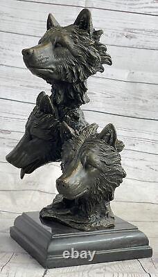 Bronze Animal Art Decor Double 3 Wolf Head Statue Sculpture Figurine
