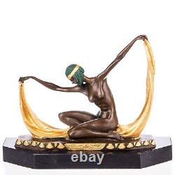 Bronze Art Deco Dancer Sculpture Colored On a Black Marble Signed