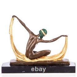 Bronze Art Deco Dancer Sculpture Colored On a Black Marble Signed