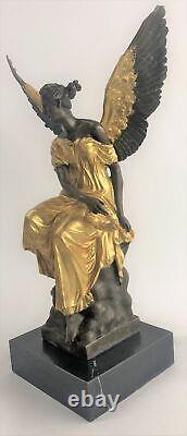 Bronze Art Deco Sculpture Warrior Angel Victory Goddess Holding Houdon Figurine