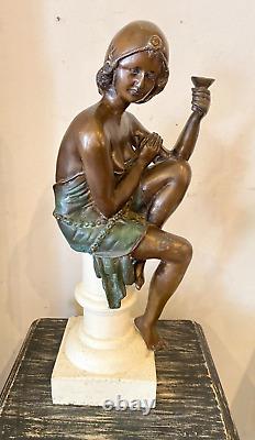 Bronze Art Deco Style Woman Sculpture on White Stone Base Early 20th Century