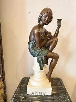 Bronze Art Deco Style Woman Sculpture on White Stone Base Early 20th Century