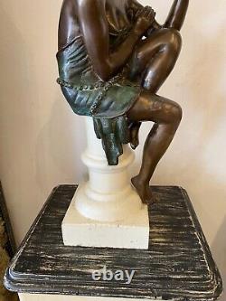 Bronze Art Deco Style Woman Sculpture on White Stone Base Early 20th Century