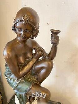 Bronze Art Deco Style Woman Sculpture on White Stone Base Early 20th Century